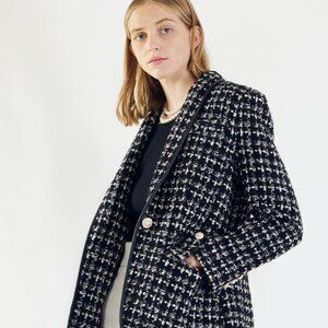 Black & White Tweed Checkers Blazer – Women’s Chic Tailored Jacket